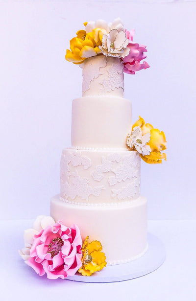 Pink Yellow Flower Wedding Cake - Sweet E's Bake Shop