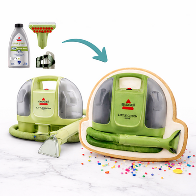 Bissell Little Green portable carpet cleaner on a white background with cleaning solution bottles and tools.