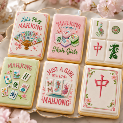 Six decorated shortbread cookies shaped like mahjong tiles are arranged on a scalloped white tray with floral petals in the background. The cookies feature colorful icing designs, including a fan, peacock, dragon, and Chinese characters, with playful text such as 'Let's Play Mahjong' and 'Just a Girl Who Loves Mahjong'.
