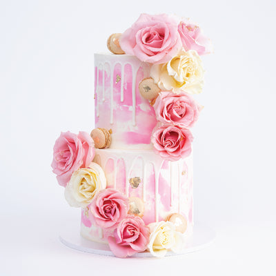 Rose & Macaron Cascade Cake - Sweet E's Bake Shop - The Cake Shop