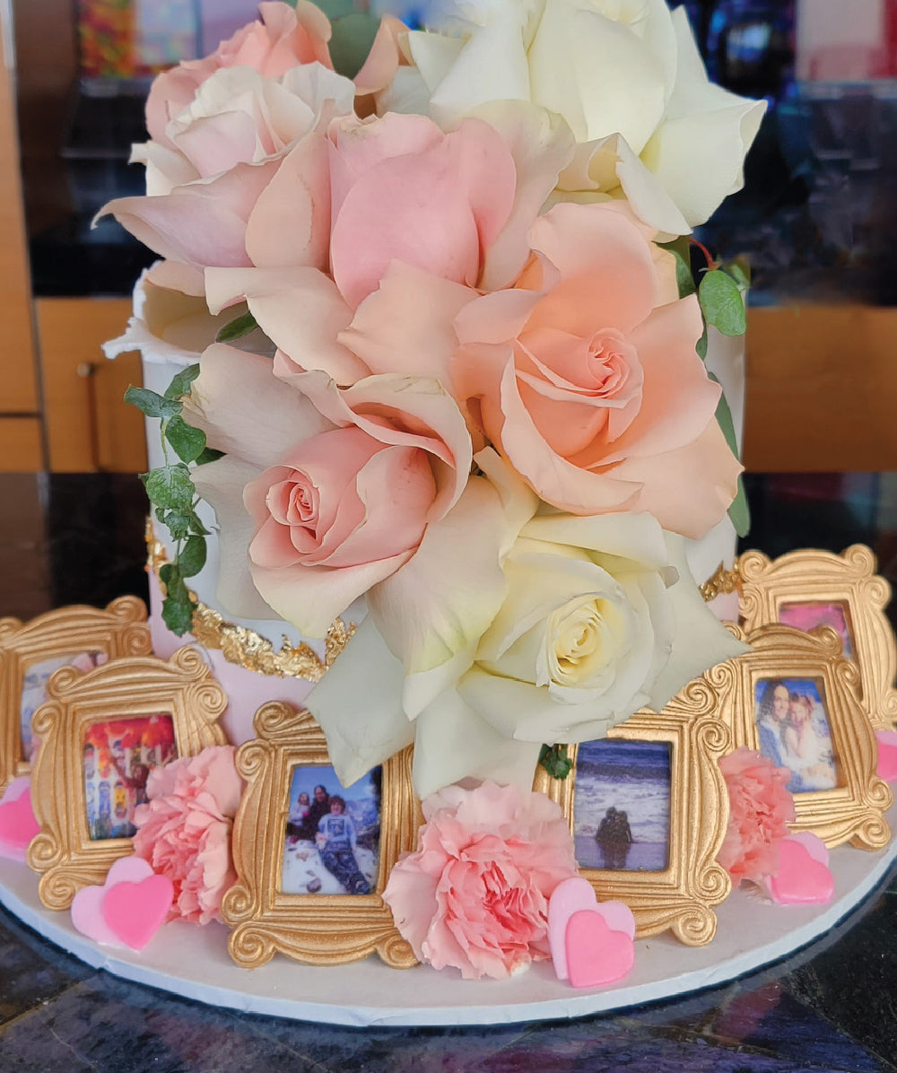 Gold Blossom Cake with Picture Frames - Sweet E's Bake Shop - The Cake Shop