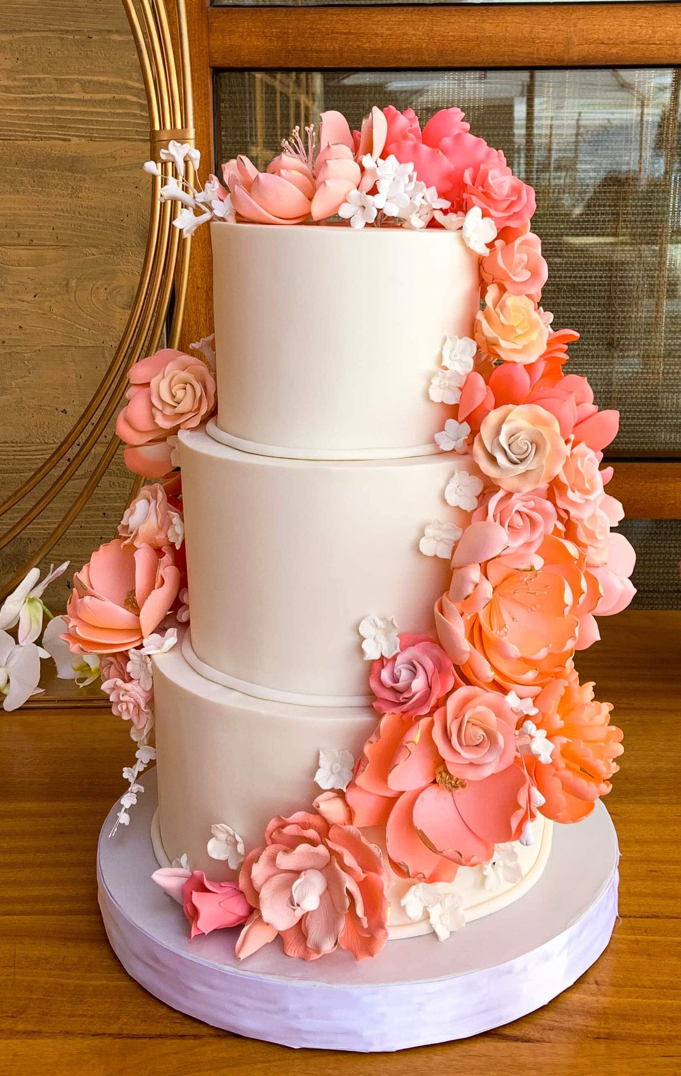 Coral Sugar Flowers Wedding Cake - Sweet E's Bake Shop