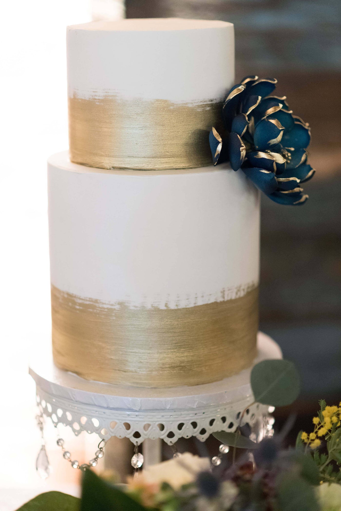 Gold Brush Cake with Navy Flower - Sweet E's Bake Shop