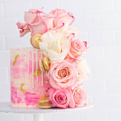 Rose & Macaron Cascade Cake - Sweet E's Bake Shop