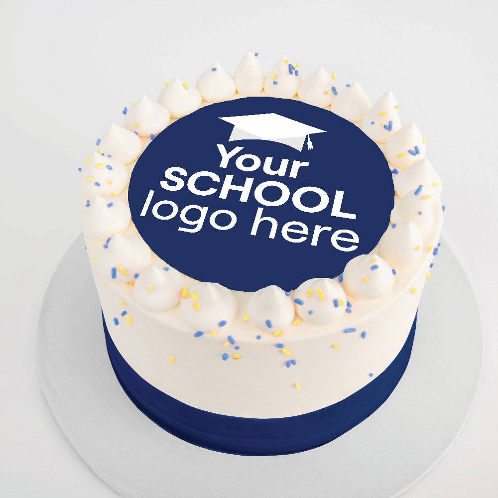 White buttercream cake that can be customized with the logo of your school or your school mascot for graduation parties adn more..