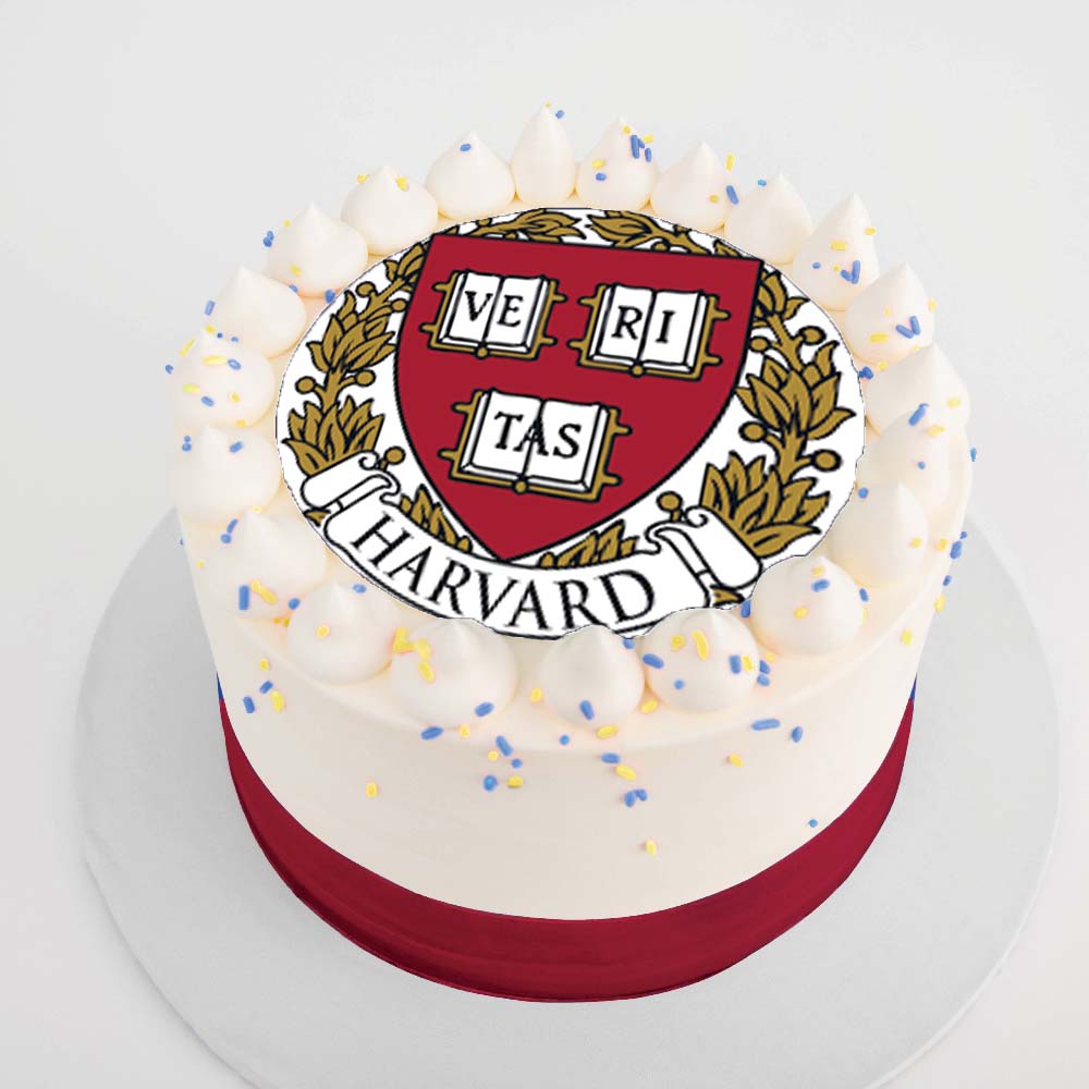 cake with your favorite flavor, vanilla buttercream will dolllips in the top and the best thing is that it has the Harvard Univeristy logo on top to celebrate with your Harvard graduate